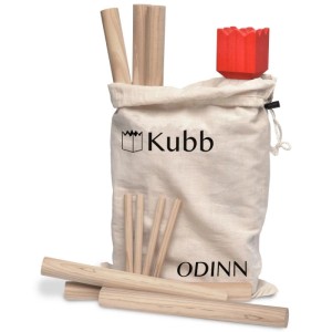 Toyfel Odinn Kubb Wikingerspiel aus Holz mit Tragetasche und rotem König.