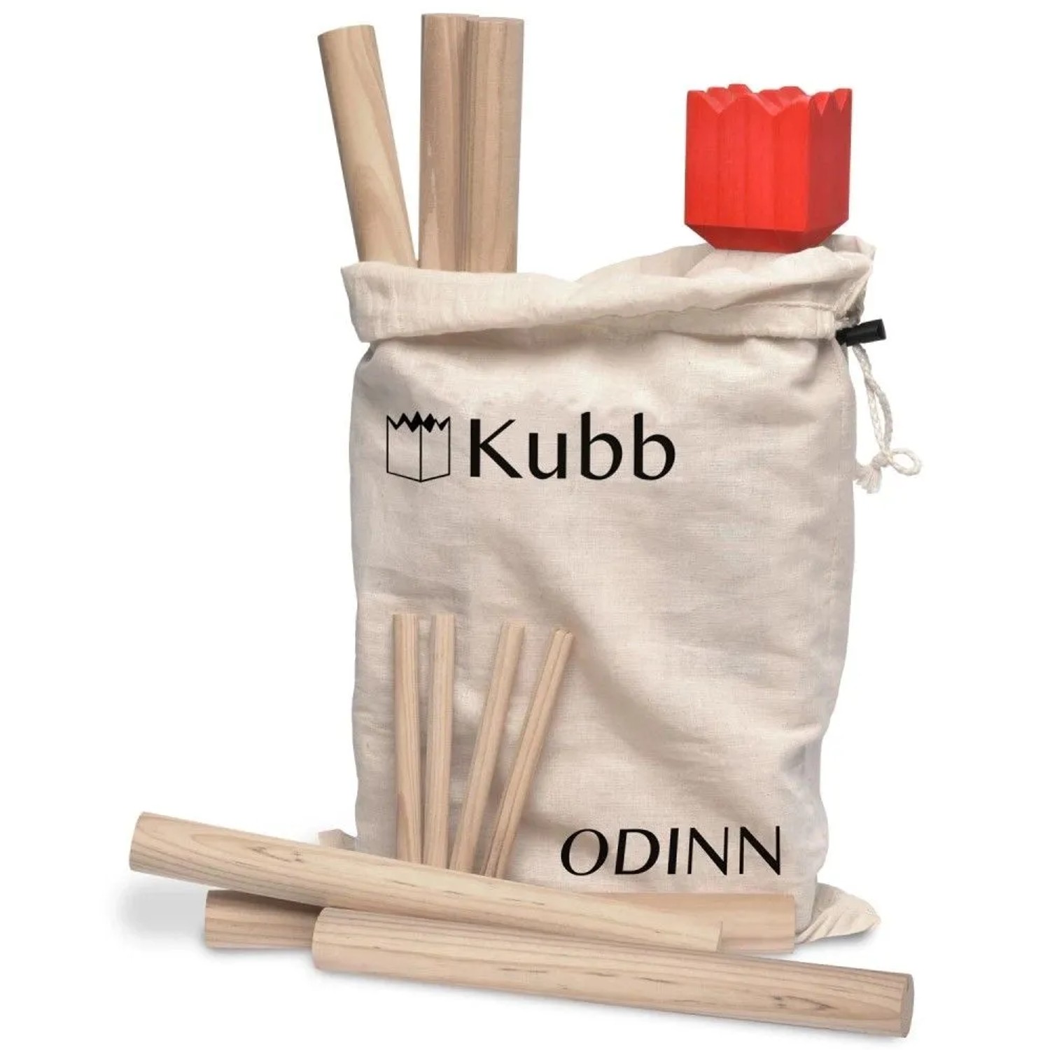 Toyfel Odinn Kubb Wikingerspiel aus Holz mit Tragetasche und rotem König.