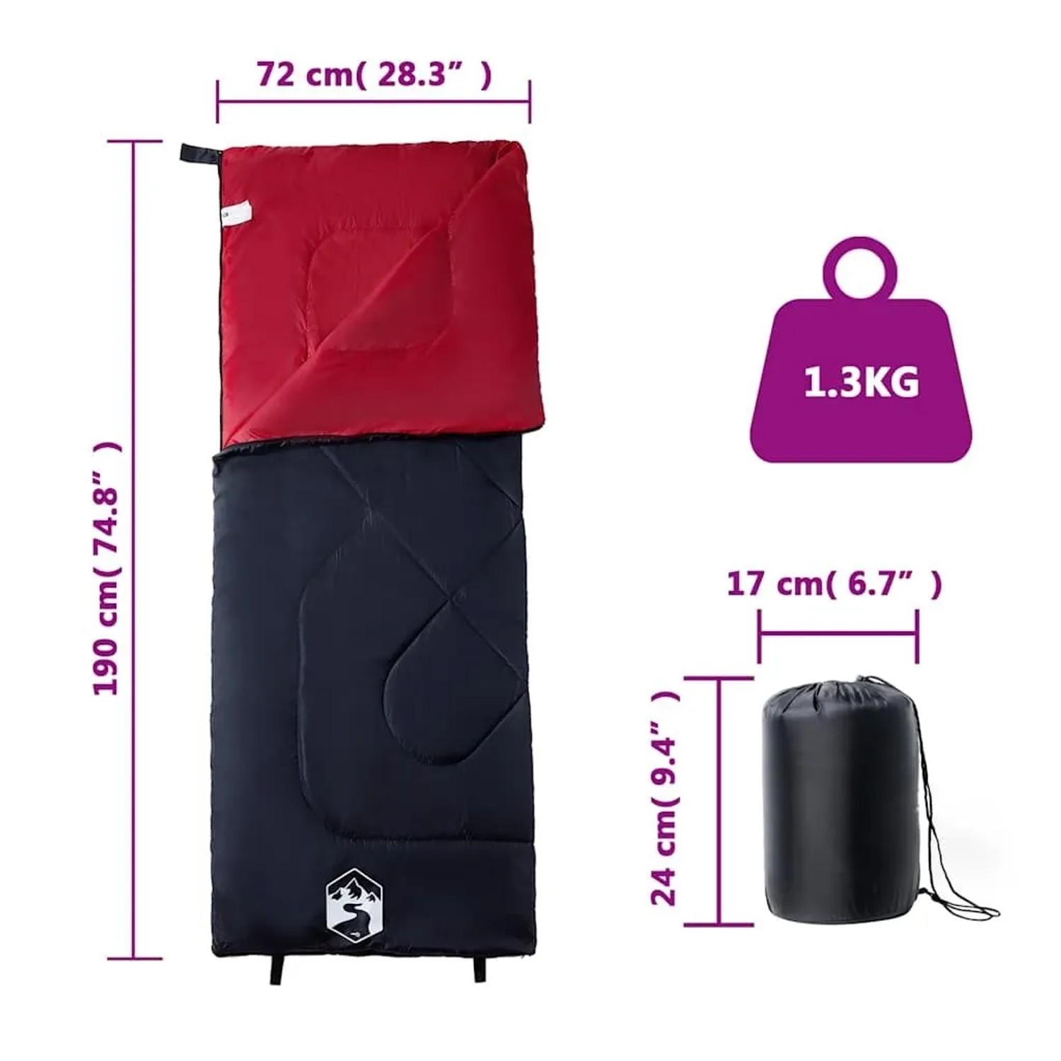 Schlafsack für Erwachsene, schwarz-rot, 190x72 cm, 1.3 kg, mit Packsack. Ideal für 3 Jahreszeiten Camping.