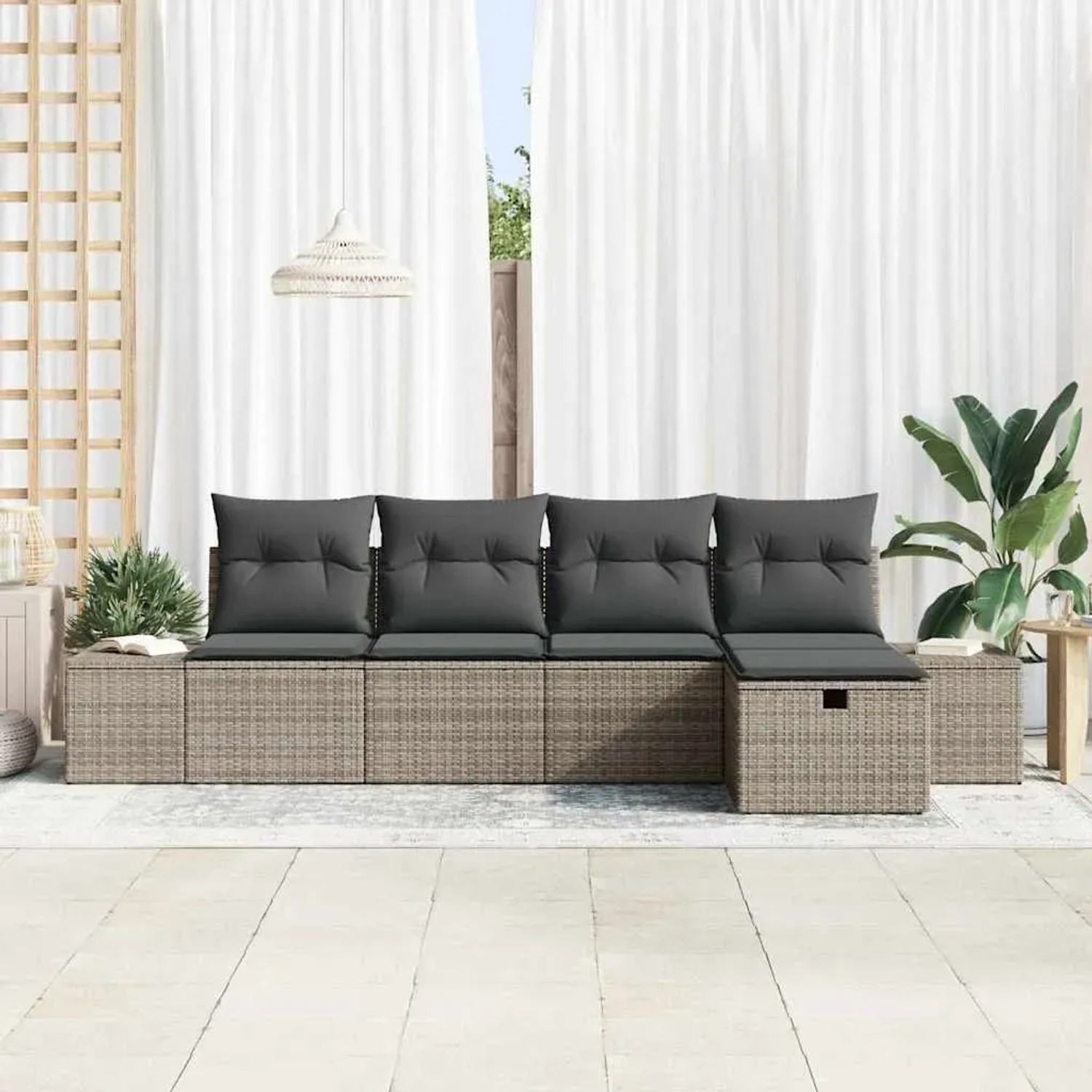 Graues 5-tlg. Garten-Sofa-Set aus Poly Rattan mit Kissen. Modulares Lounge-Set für Terrasse und Garten.