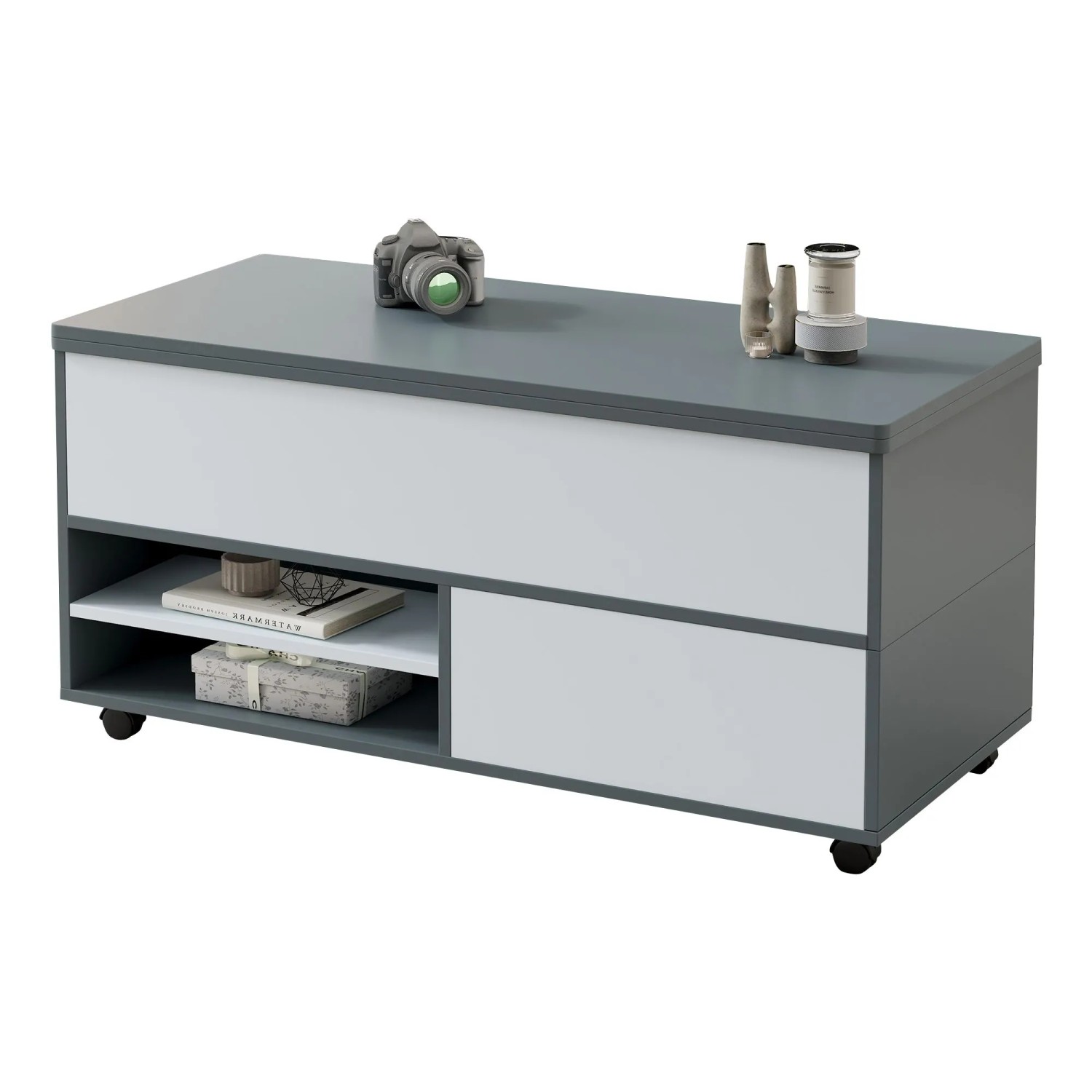 Okwish Couchtisch Höhenverstellbar Mit Rollen Und Schubladen Grau 100 × 98 Cm