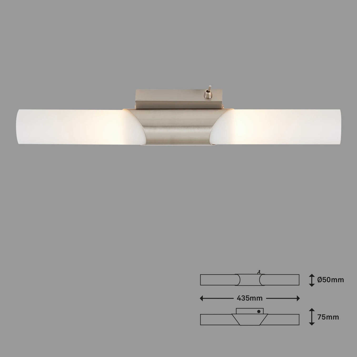 Briloner Wandleuchte Kabili, matt-nickel, mit zwei Glaslampen und Kippschalter, 43,5 cm.