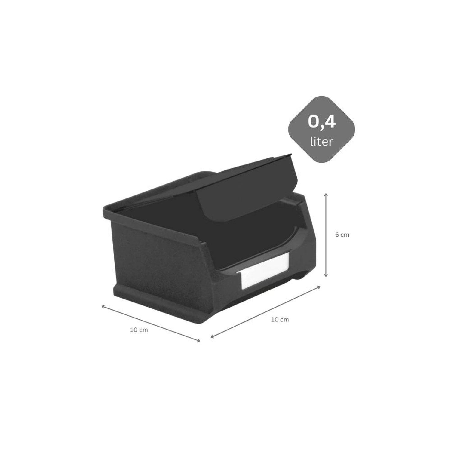 Schwarze, leitfähige Sichtlagerbox 0.4L mit Abdeckung, 10x10x6cm, für Aufbewahrungssysteme.