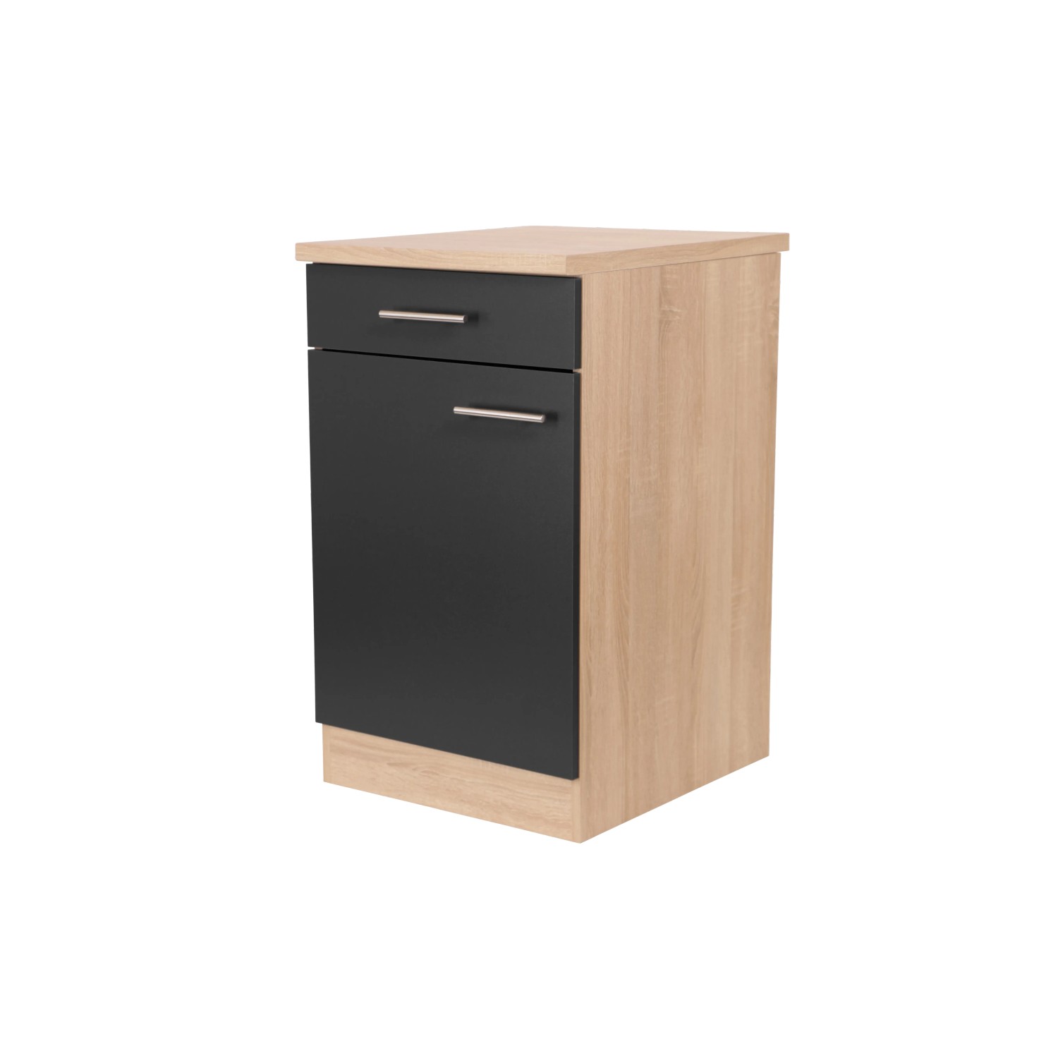 Respekta Unterschrank Merle, 50 cm, Schwarz/Holzoptik, mit Schublade und Tür.