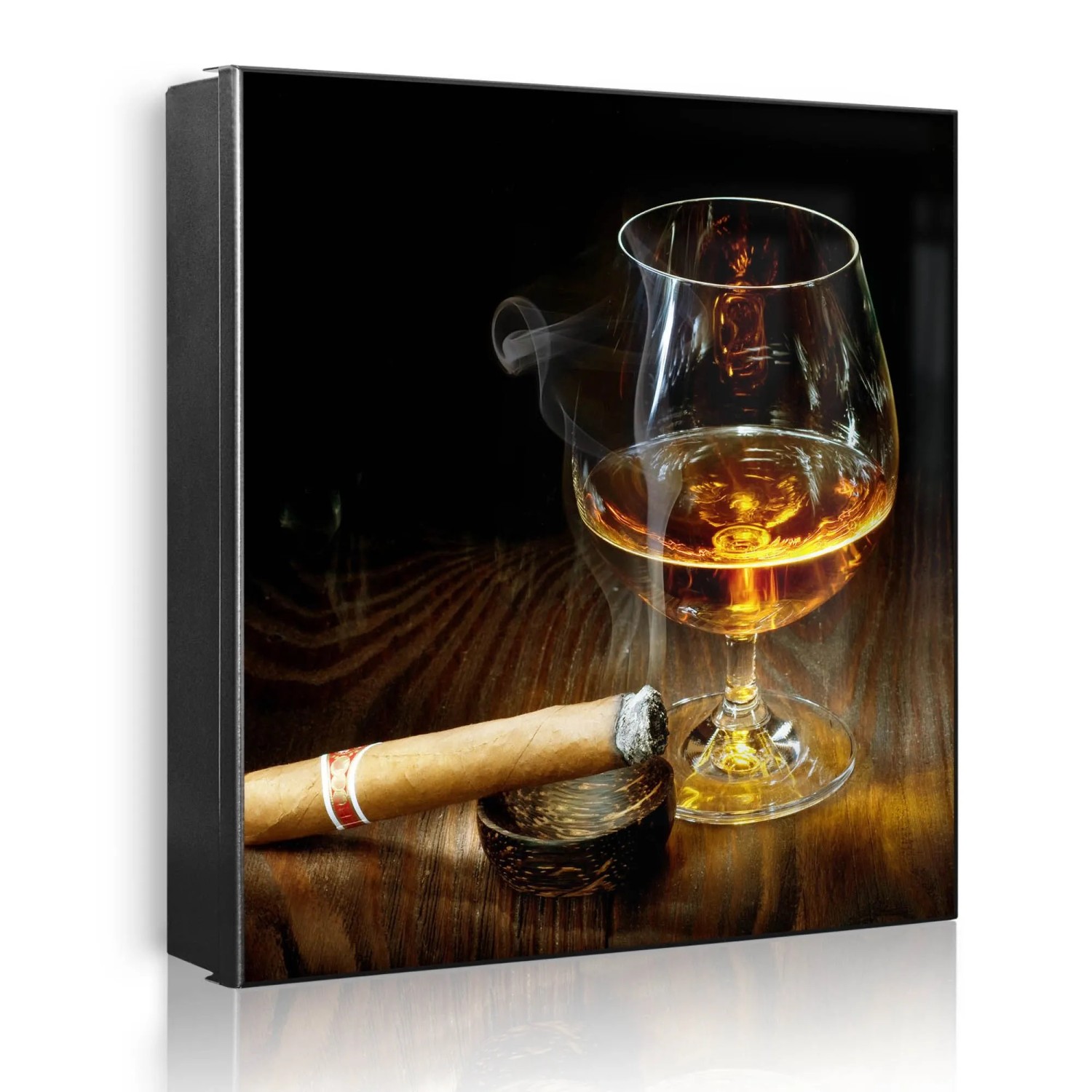 Banjado Großer Schlüsselkasten Metall 30x30cm Schwarz Scharnier Rechts 32 Haken Beschreibbar Magnetisch Motiv Whiskey & Cigar