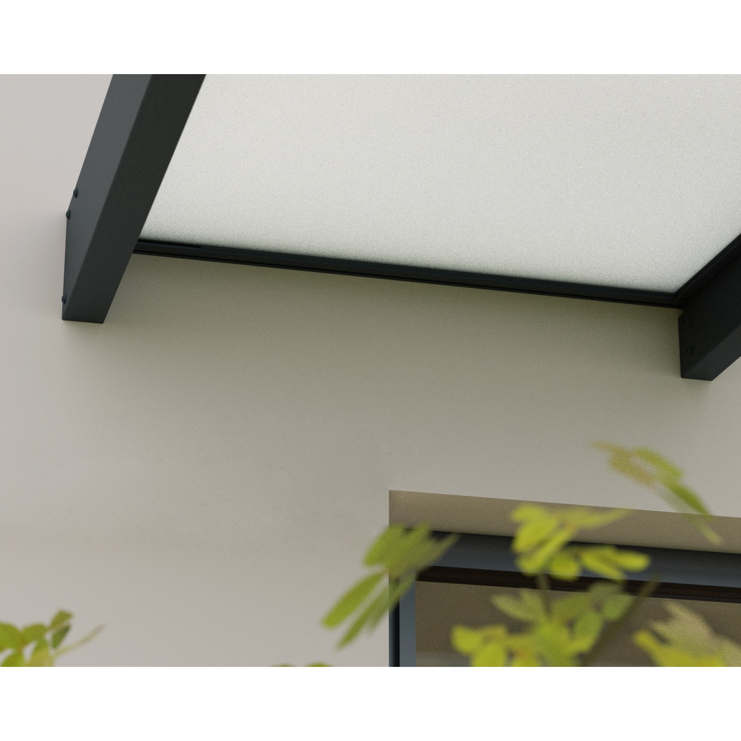 Graues Palram Canopia Vordach Sophia XL, 471x140 cm, an Hauswand montiert.