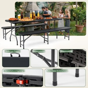 Sekey Bierzeltgarnitur, 180 cm, klappbar, schwarz, mit Tisch und 2 Bänken. Ideal für Garten, Party und Camping.