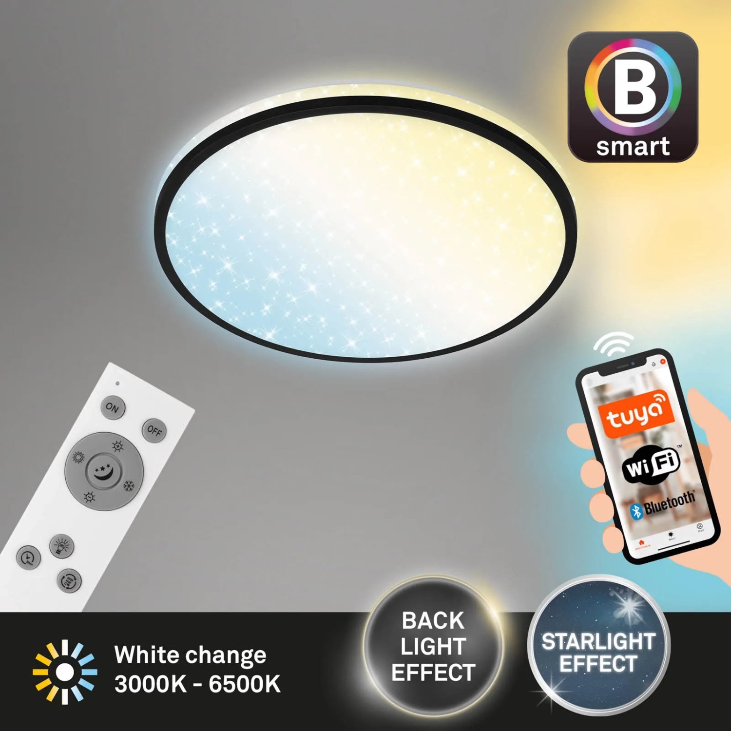 Dimmbare Brilo LED-Deckenleuchte Ivy Sky S, schwarz, mit Sternendekor, steuerbar per App und Fernbedienung.