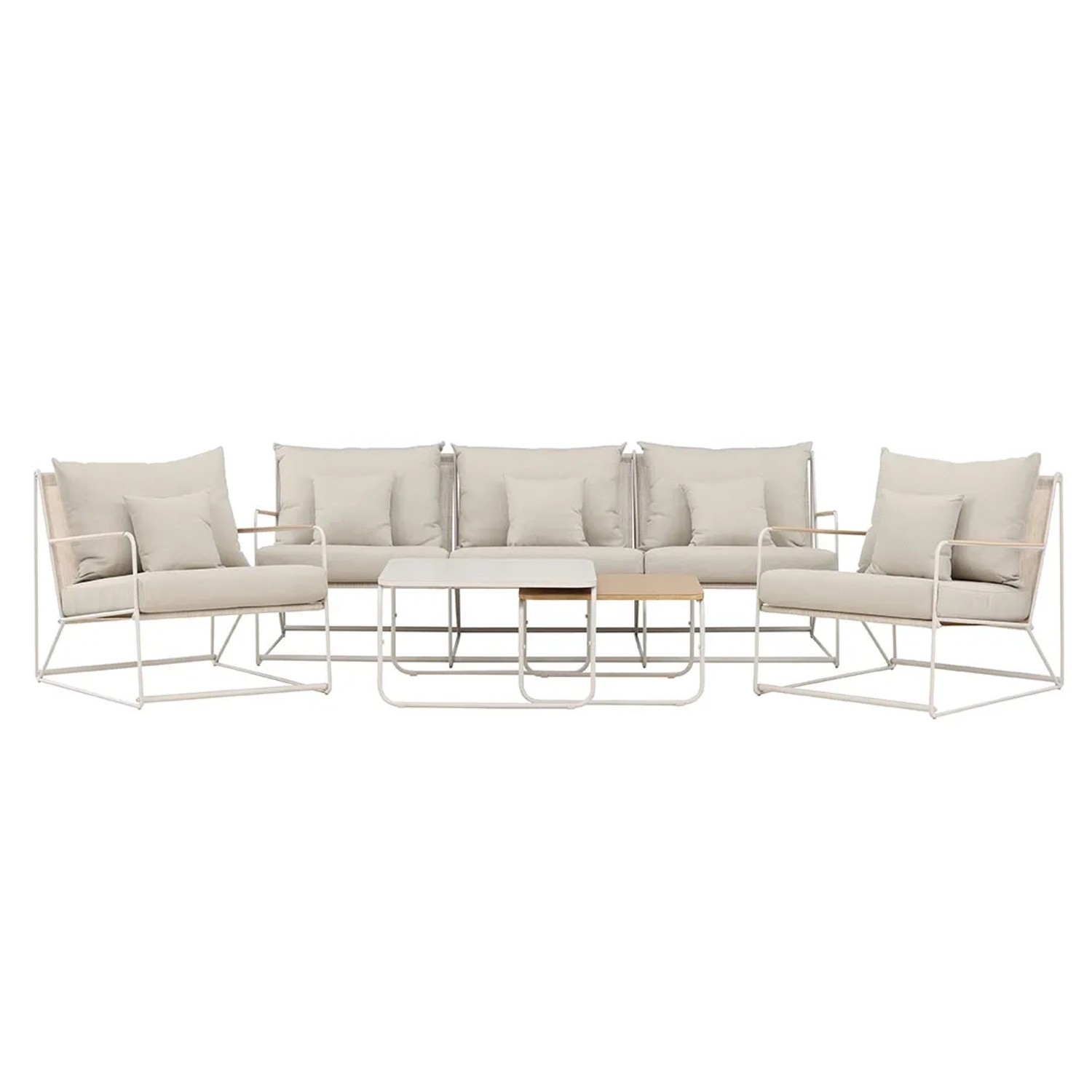 ebuy24 Palazzo Loungeset 1 Sofa 2 Stühle 2 Couchtische Beige Tisch cm H41xB60xT60 Stuhl cm H74xB70xT84 Sofa cm H74xB209xT84