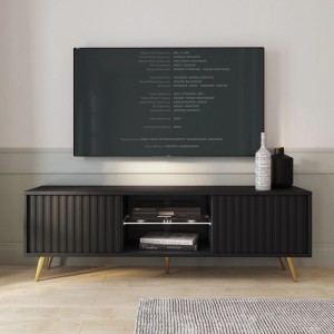 TV-Hängeboard Bello 135 cm Schwarz / Lamelle mit Goldenen Beinen