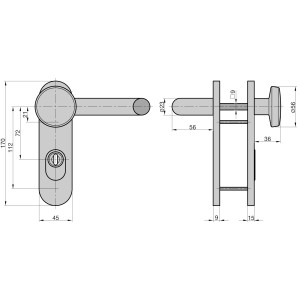 Technische Zeichnung: Basi Feuerschutz-Beschlag Alu F1, Kurzschild, Zylinderabdeckung, Maße in mm.