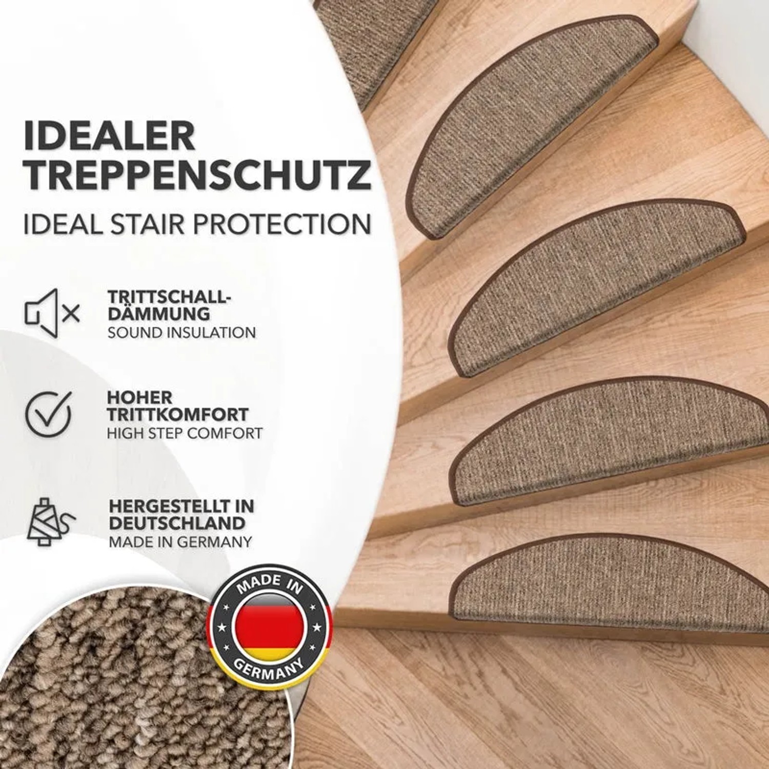 Halbrunde, braune Karat Stufenmatte Alto selbstklebend auf Holztreppe.
