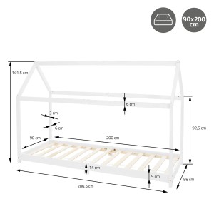 ML-Design Kinderbett 90x200 cm, Hausbett mit Dach, Weiß, mit Maßangaben