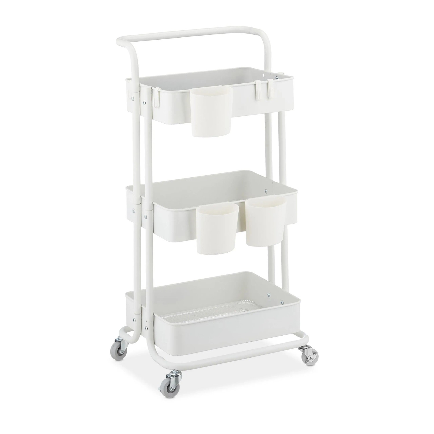Relaxdays Rollwagen Stahl Weiß mit 3 Etagen 86 cm x 38 cm x 39 cm