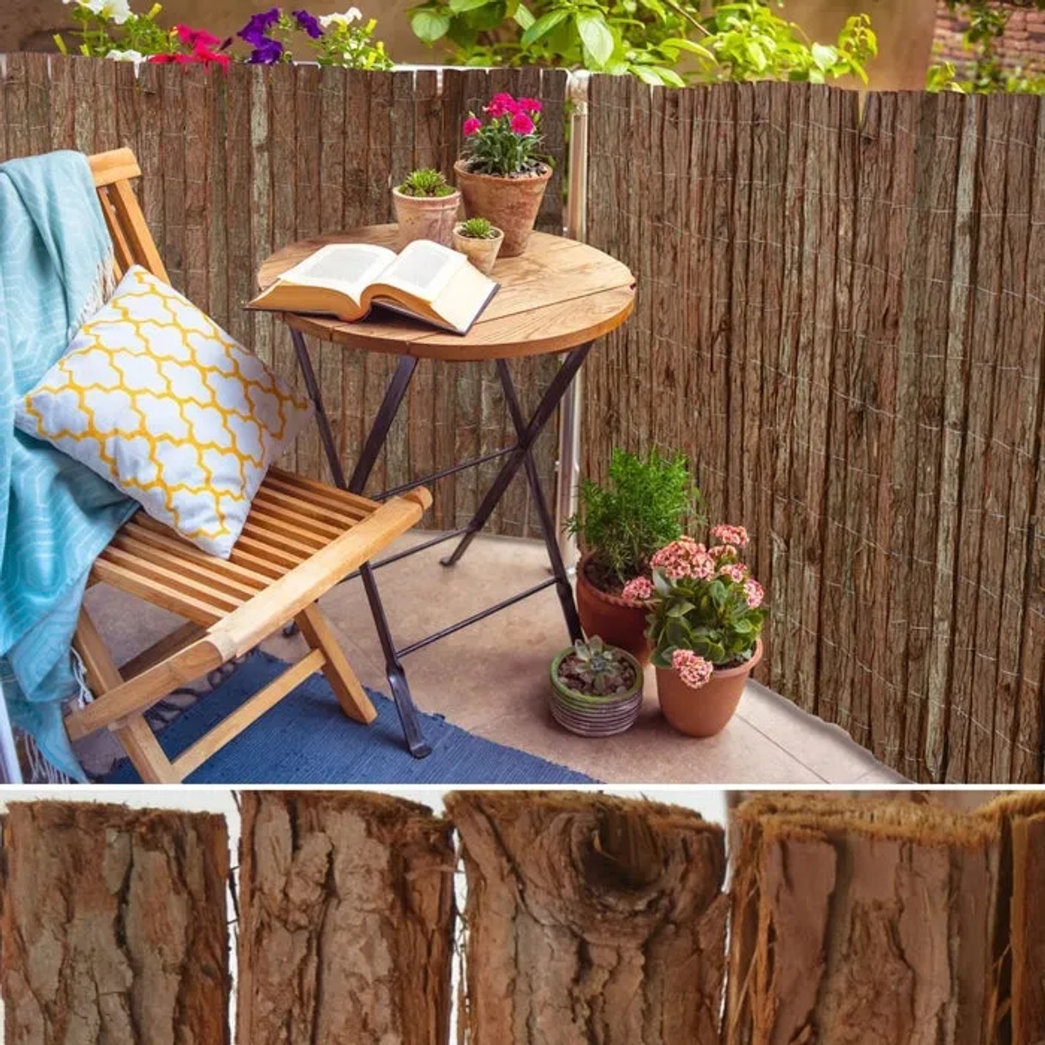 KARAT Baumrindenmatte als Sichtschutz auf Balkon mit Tisch und Stuhl, 200x300 cm.
