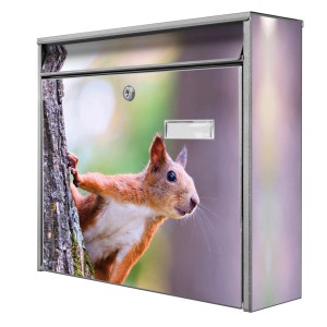 Silberner Banjado Briefkasten mit Eichhörnchen Motiv, inkl. Montagematerial und 2 Schlüsseln.