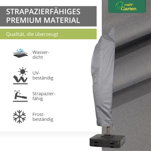 Graue Schutzhülle für einen Ampelschirm von Mehr Garten, wasserdicht, UV- und frostbeständig.