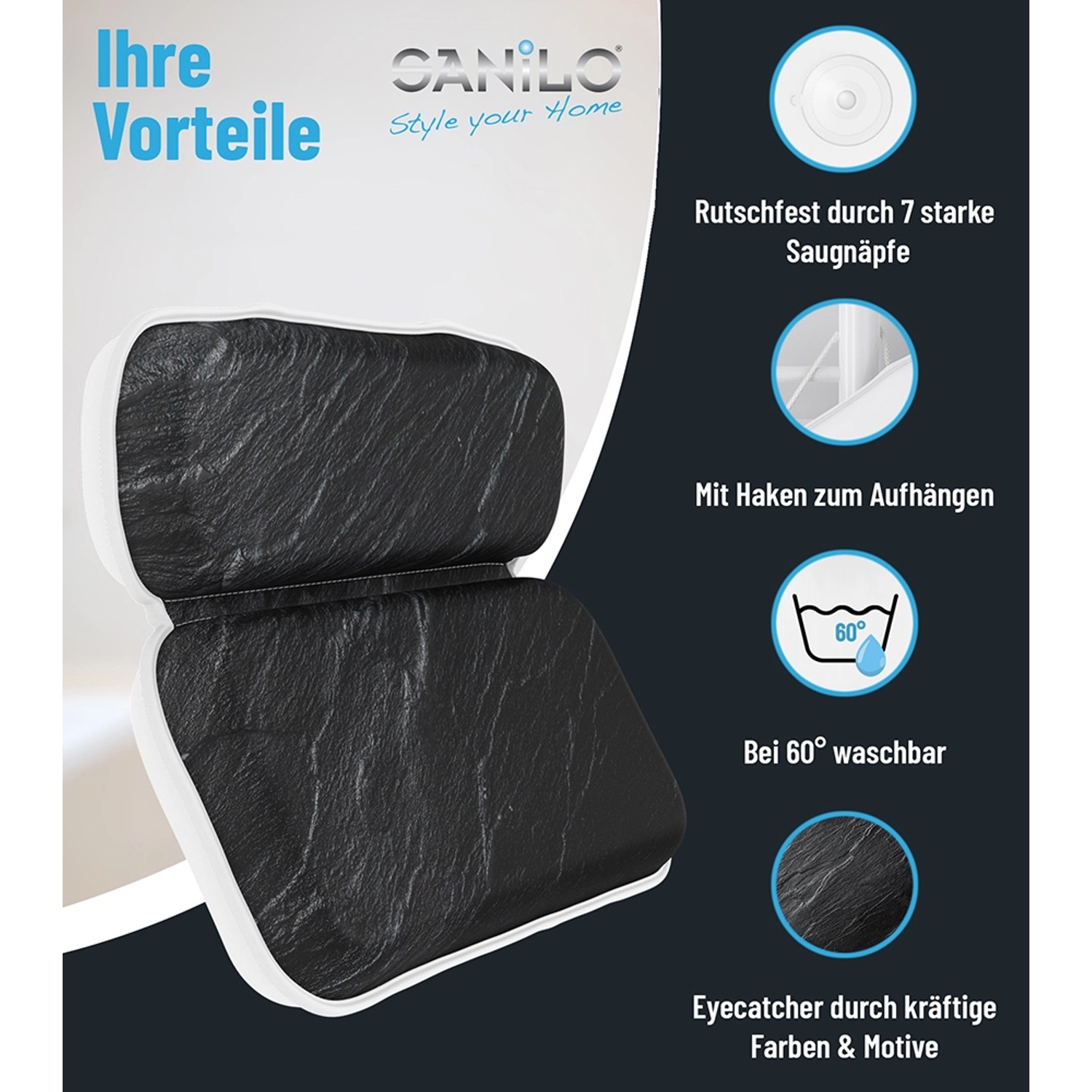 SANILO Badewannenkissen Granit, Nackenkissen mit Saugnäpfen für entspanntes Baden.