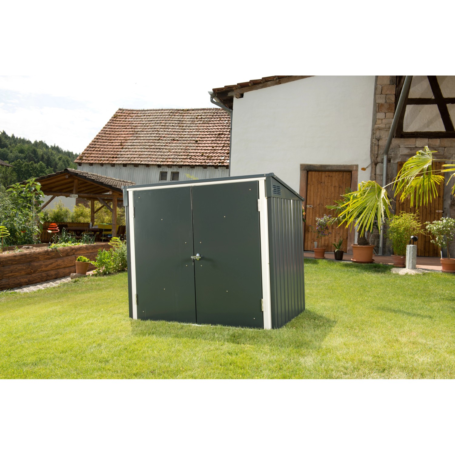 Duramax Mülltonnenbox in Anthrazit/Weiß für 2 Tonnen im Garten. Abschließbare Mülltonnenaufbewahrung.