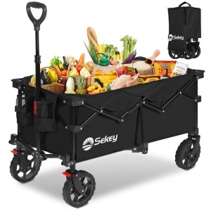 Sekey Bollerwagen, faltbar, schwarz, mit Lebensmitteln gefüllt. Ideal für Camping und Freizeit.