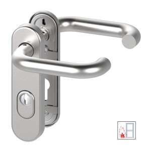 Edelstahl Feuerschutz-Türbeschlag mit Zylinderabdeckung, Kurzschild rund, geeignet für Feuerschutztüren.