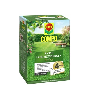 Verpackung Compo Rasen Langzeit-Dünger Perfect 6kg für dichten, grünen Rasen.
