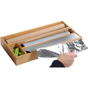 Kesper Folienspender aus Bambus mit Fächern für Alu-, Frischhalte- und Backpapier, sowie Verschlussclips.