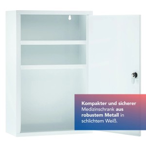 Offener, weißer First Aid Only Medizinschrank mit 3 Fächern aus Metall.