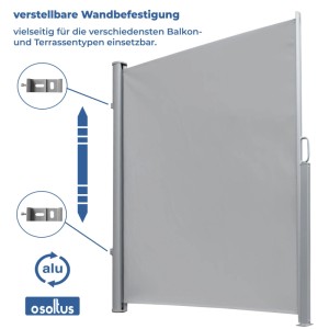 Osoltus Alu Seitenmarkise, hellgrau, 180x300 cm, mit verstellbarer Wandbefestigung. Ideal als Sicht- & Windschutz.