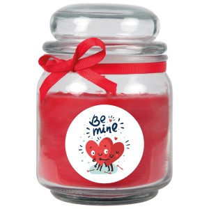 Rote Duftkerze im Glas mit "Be Mine" Motiv und Schleife, Valentinstagsgeschenk.