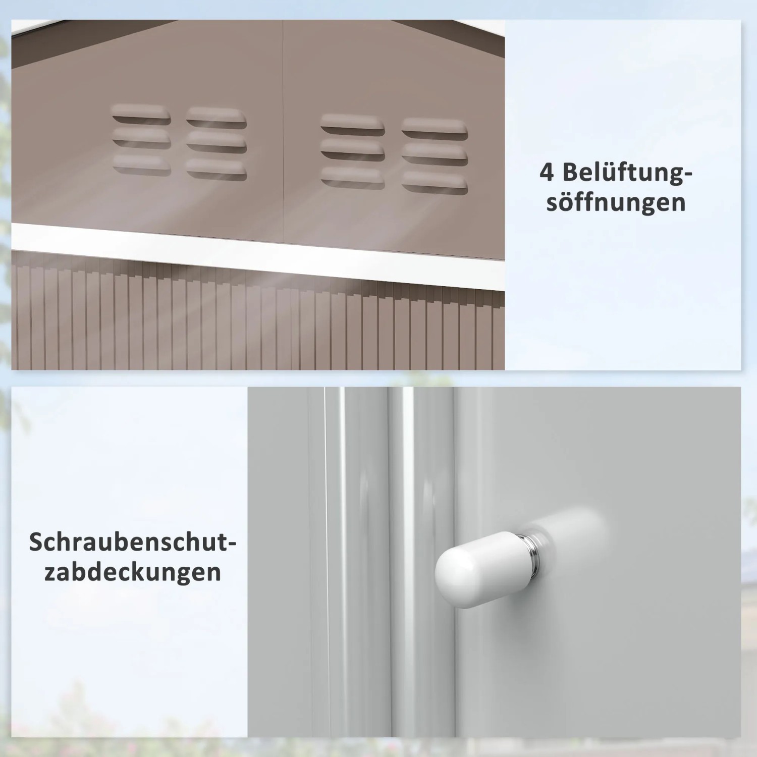 Details des Outsunny Gartenhauses: Belüftung, Schraubenschutz. Hellgraues Stahl Gartenhaus.