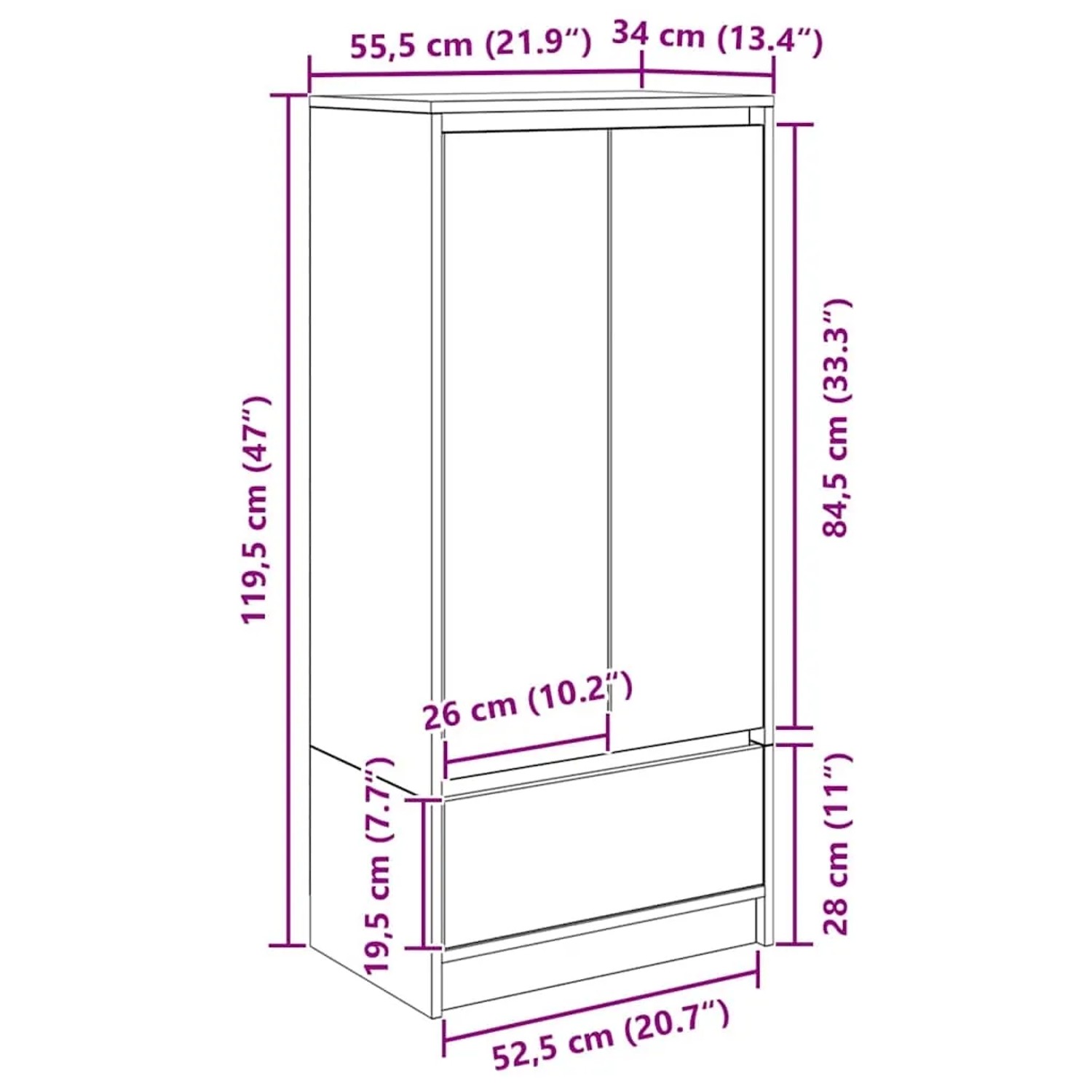 vidaXL Schrank mit Schublade Weiß 55,5x34x119,5 cm Holzwerkstoff 861643_13