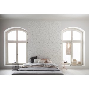 Schlafzimmer mit Sanders & Sanders Fototapete Kirschblüten Schwarz-Weiß, geometrisches Muster.