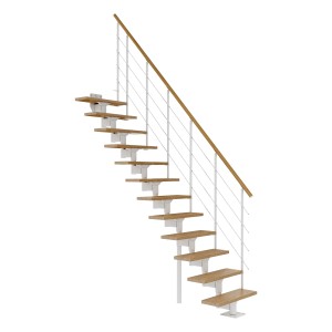 Dolle Mittelholmtreppe Boston mit Eiche Stufen und weißem Metallgeländer.