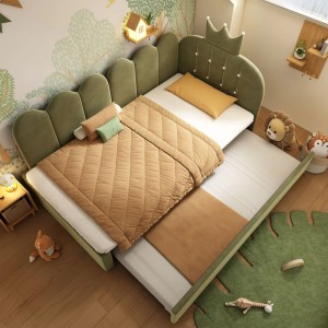 Grünes Samt Kinderbett 90x200 cm mit Ausziehbett, L-förmig. Gepolstertes Kopfteil mit Krone.