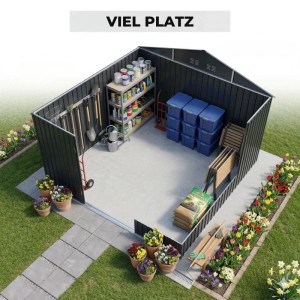 Albatros Gerätehaus 5XL in Anthrazit mit Gartengeräten, Werkzeug und Regalen.
