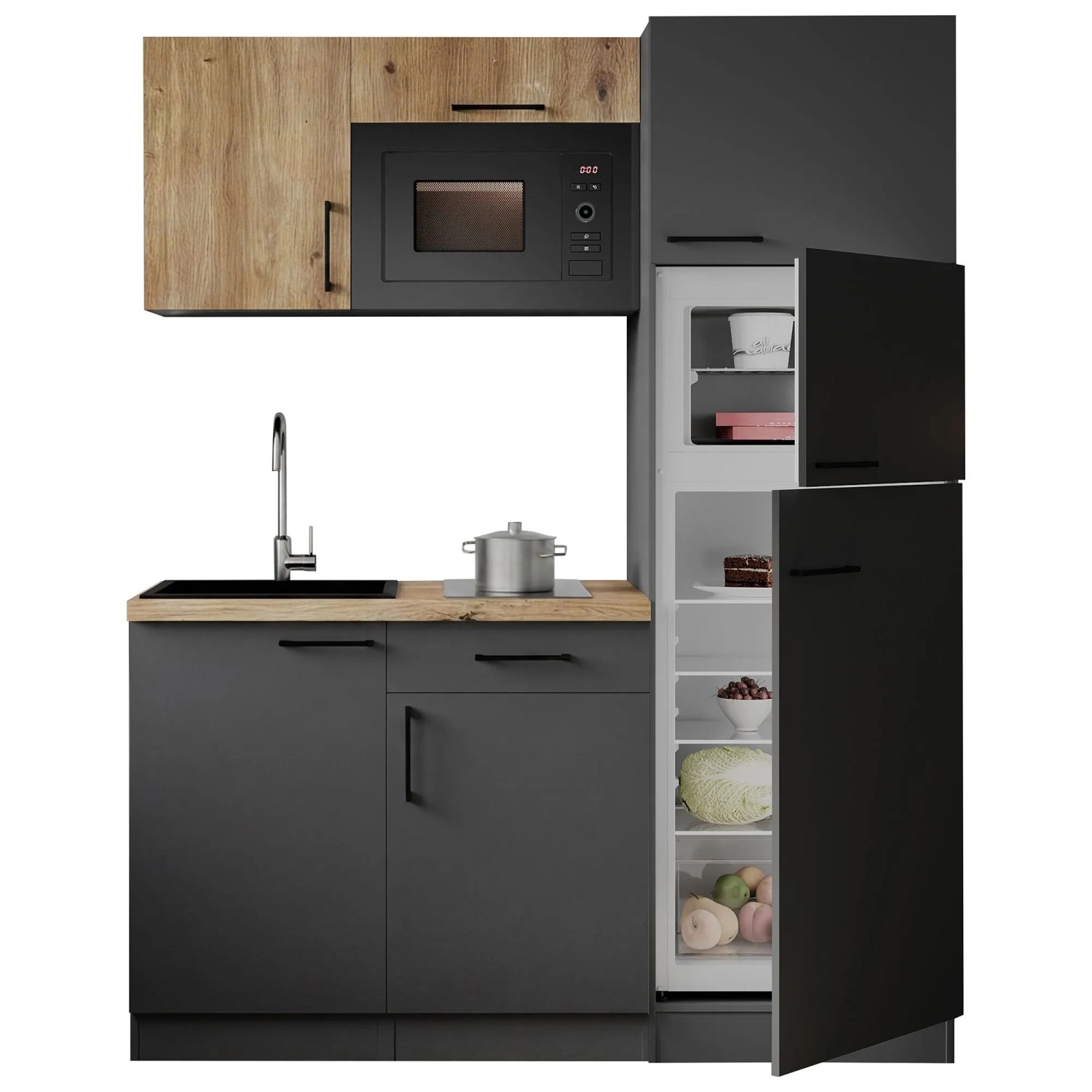 Respekta Singleküche Oliver 160 cm Grau matt Artisan-Eiche mit Mikrowelle