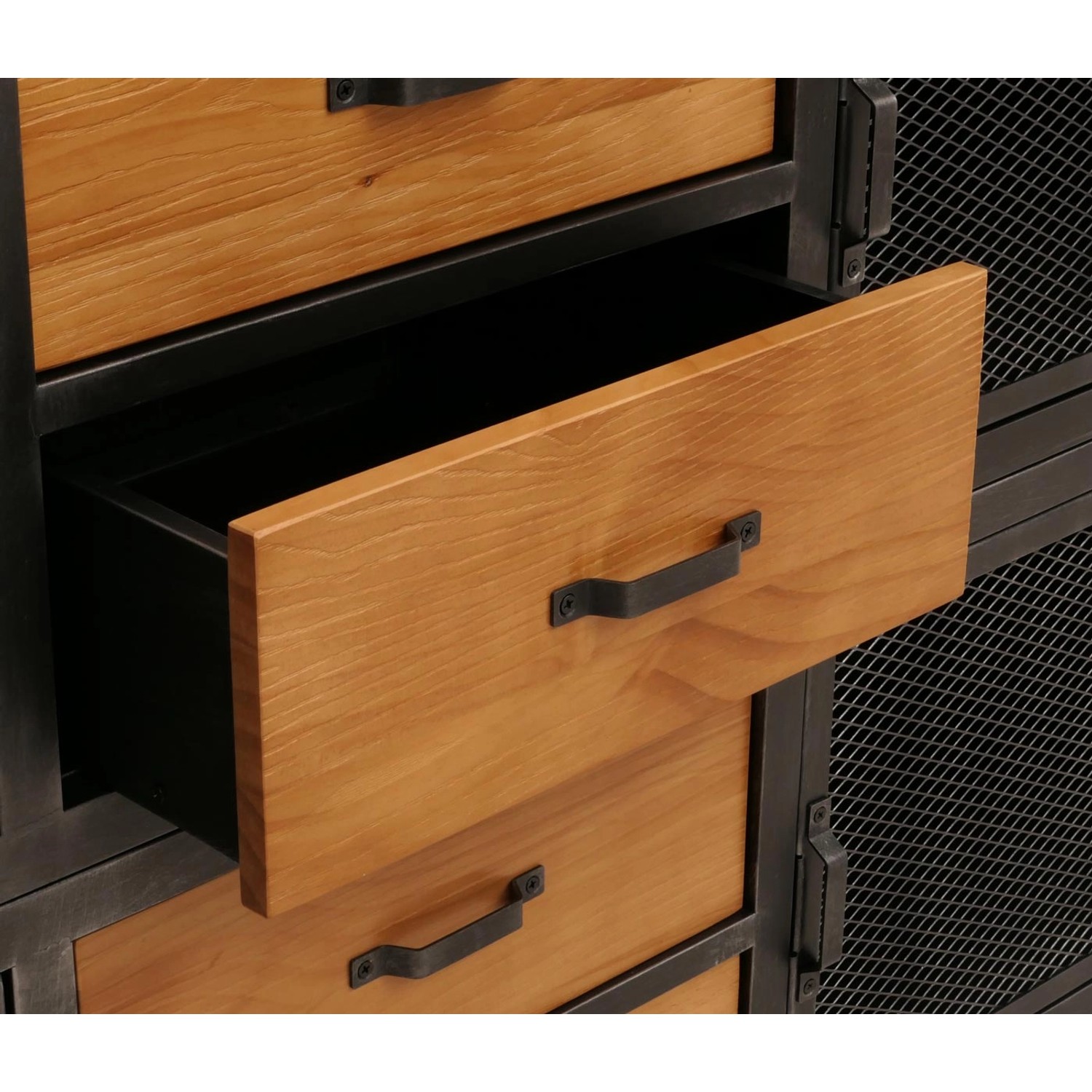 Werkstattwagen N28 mit vier Schubladen und Gittertür, schwarz/natur, eine Schublade geöffnet.
