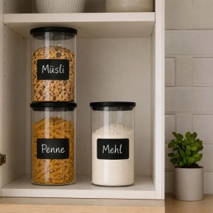 3er Set transparente Vorratsgläser mit schwarzen Deckeln und Etiketten, gefüllt mit Müsli, Nudeln und Mehl im Küchenschrank.