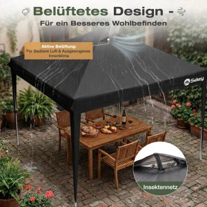 Schwarzer Sekey Faltpavillon 3x3m im Regen. Wasserdichtes Dach mit Belüftung und Insektennetz schützt den Essbereich im Garten.