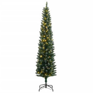 Schlanker, künstlicher Weihnachtsbaum, 150 cm hoch, mit 150 warmweißen LEDs und leicht beschneiten Zweigen.