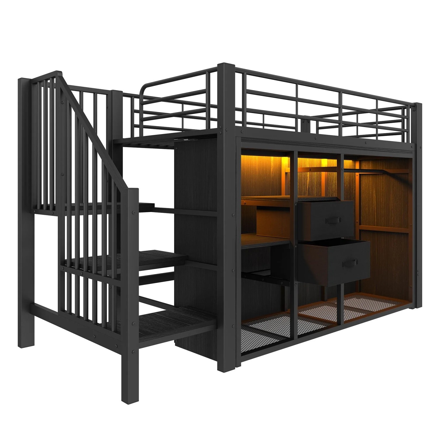 okwish Halbhohes Bett 90x200cm mit 2 Schubladen und Kleiderschrank Schwarz ohne Matratze