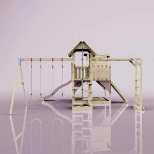 OutdoorToys Spielturm Malou mit Schaukel, Rutsche, Kletterwand und Spielhaus in Altrosa.