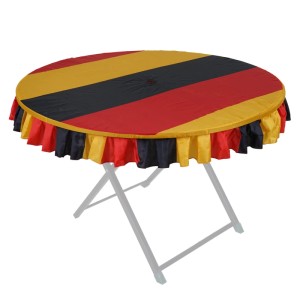Runde Tischdecke in Deutschlandfarben (Schwarz, Rot, Gold) mit Rüschenrand, Gummizug und Schirmloch, Ø 115cm.