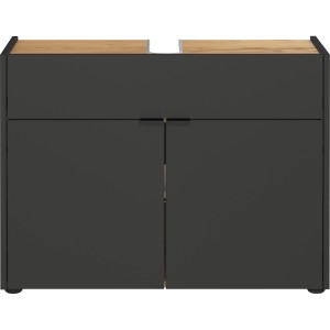 Germania Waschbeckenunterschrank Forano in Graphit Eiche, 80 cm breit, mit zwei Türen und Siphonausschnitt.