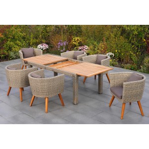 Merxx Gartenmöbelset Imperia, 7-teilig: Ausziehtisch und 6 Sessel mit Auflagen. Lounge-Gartenmöbel aus Akazienholz und Kunststoffgeflecht.