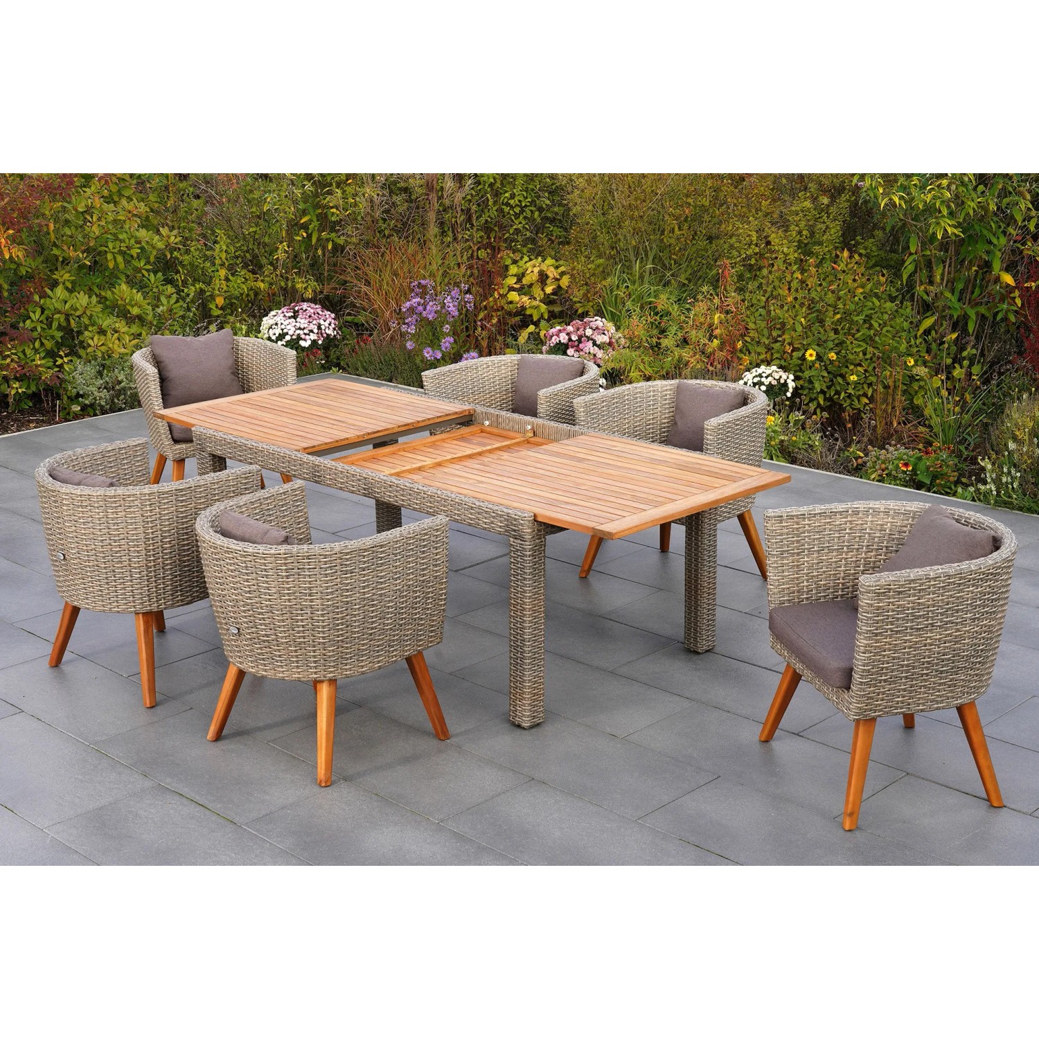 Merxx Gartenmöbelset Imperia, 7-teilig: Ausziehtisch und 6 Sessel mit Auflagen. Lounge-Gartenmöbel aus Akazienholz und Kunststoffgeflecht.