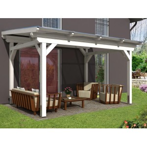Freistehende, weiße Skan Holz Terrassenüberdachung Sanremo aus Leimholz, 434x300 cm.