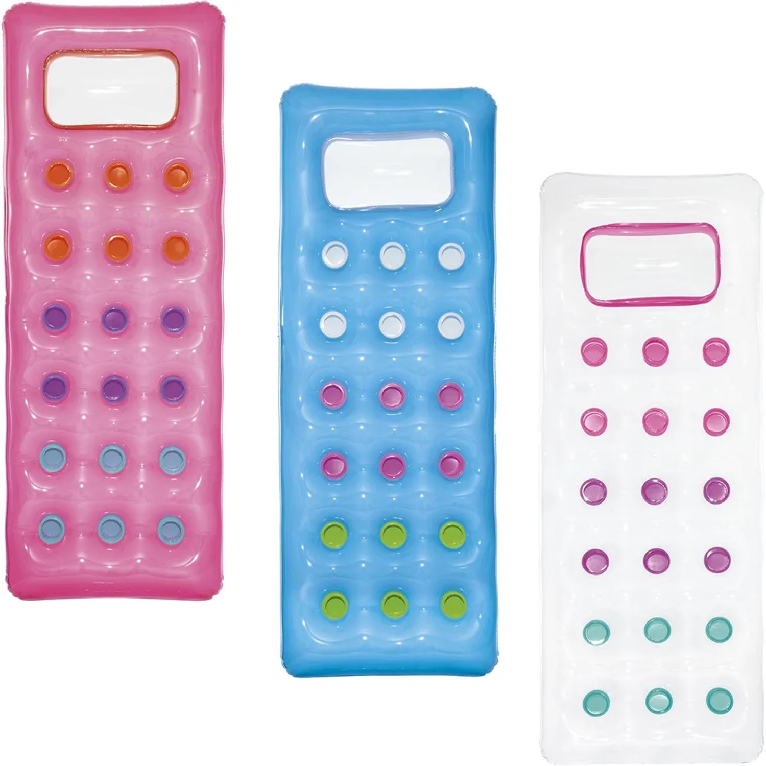 Bestway Luftmatratze, 3-fach sortiert: Aufblasbare Badematratzen in Rosa, Blau und Transparent.