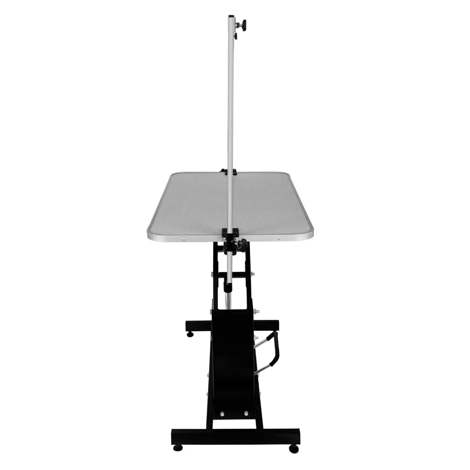 Hydraulischer Pflegetisch in Schwarz/Grau mit H-Stange für Hundefellpflege.